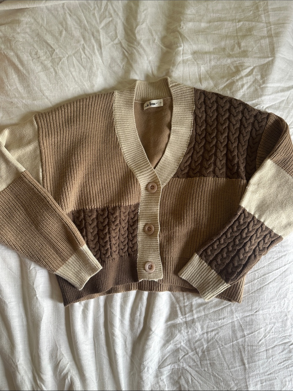 In Bloom Colorblock Cable Knit Cropped Cardigan - Cream & Brown